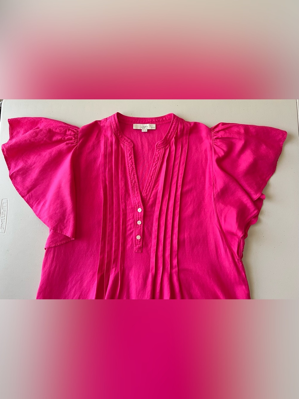 LOFT Petite Hot Pink Linen Blend Flutter Sleeve Shift Dress Pleated Front - Picture 5 of 11